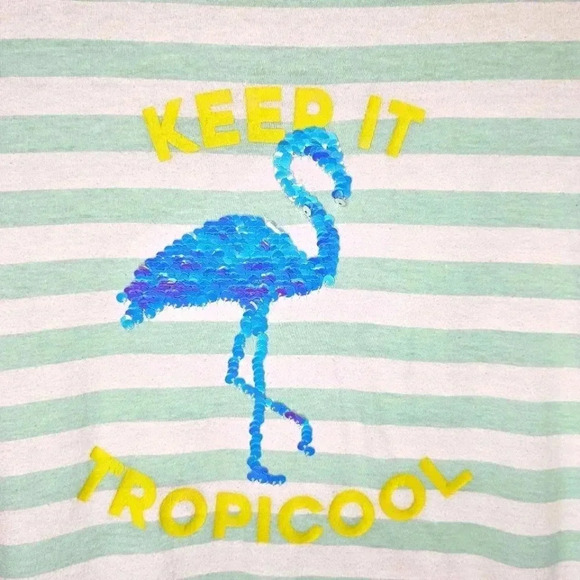 Arizona Green White Striped Hi-Low Sequin Flamingo Short Rolled Sleeve Size XL - Picture 3 of 9